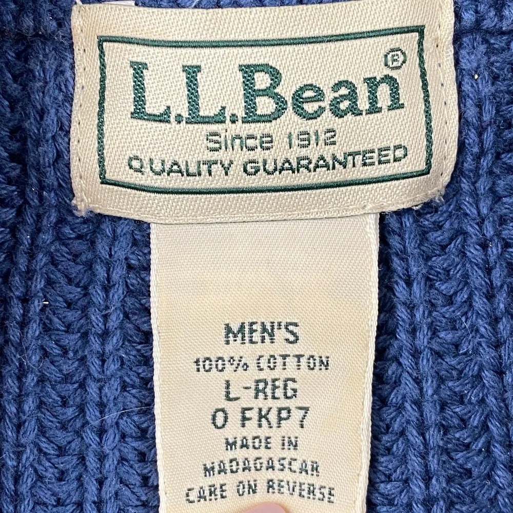 Vtg LL Bean Mens L Sweater Blue Cotton Shaker Stitch Mock Neck Quarter Button
